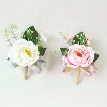 Load image into Gallery viewer, Boutonnieres - White Pink Silk Roses